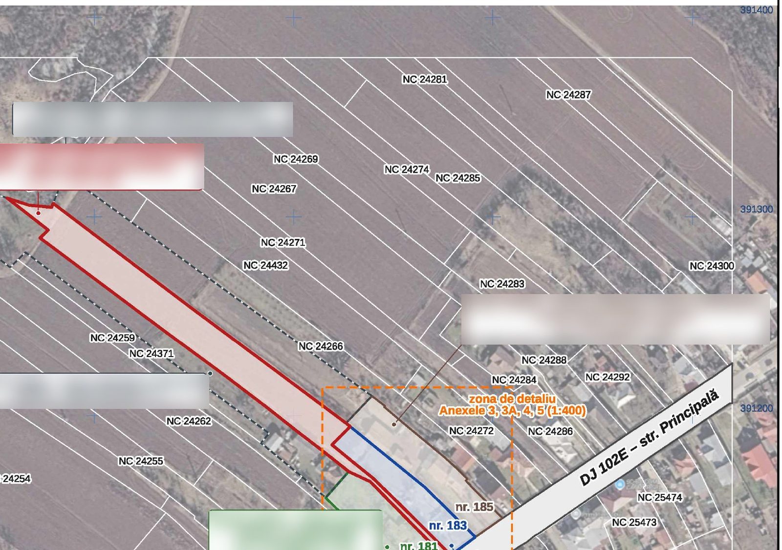 Plan de încadrare în zonă pe ortofotoplan, cu numerele cadastrale eTerra și zona de detaliu
