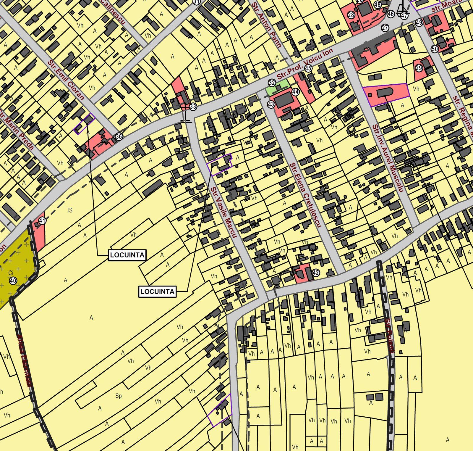 Plan cadastral GIS – parcele, construcții, categorii de folosință și străzi, cu locuințe identificate