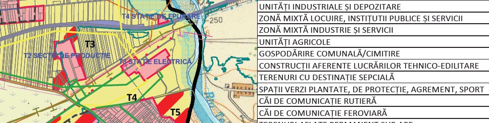 P.U.G. – zonificare funcțională cu legendă, suprapusă pe planul topografic